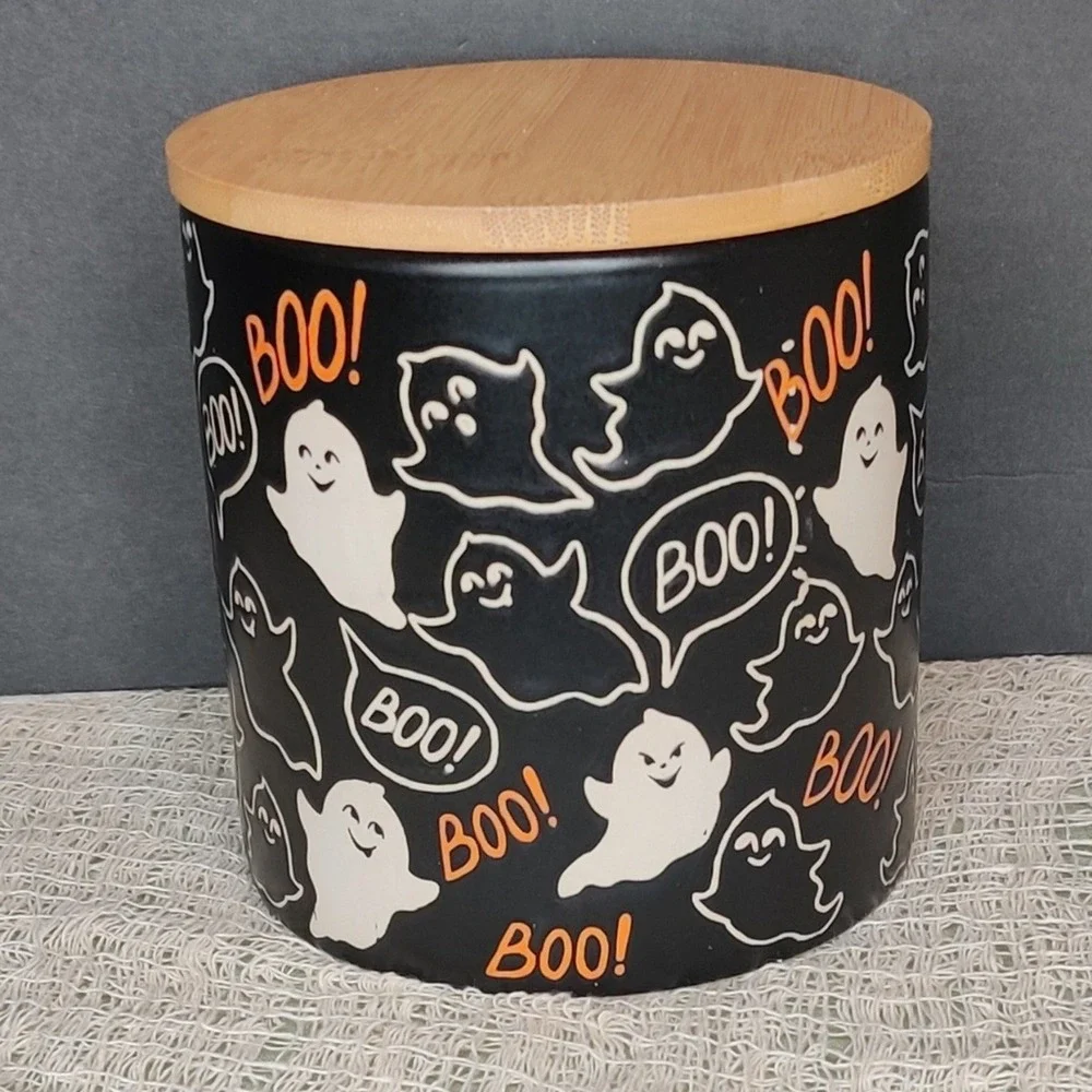Inhomestylz‎ Matte Black Ceramic Halloween Ghost Cellar Jar BOO